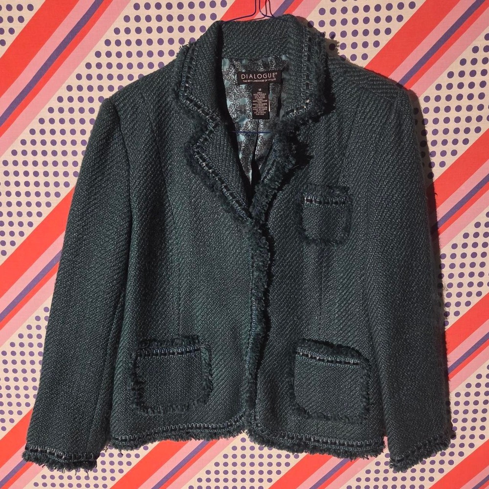 Dialogue Emerald Green Tweed Blazer Faux Fur Trim Button Front Jacket Size 14